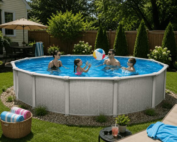 Family playing with beach ball in above-ground pool